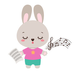 Singing animal cute rabbit cartoon character. Kawaii bunny animal student. Musical class logo or mascot. Music notes song learning. Music lesson elementary school subject.