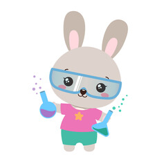 School student animal rabbit. Science school subject vector. Little bunny holding test bottles. Elementary education cartoon hare kid. Educational clipart. Little genius  scientist.