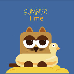 Illustration Summer Time with Cat and Duck Swimming Balloon