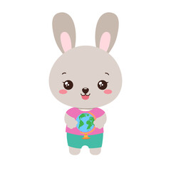 School student rabbit holding a globe. Social studies learning. Elementary pupil hare little bunny kawaii animal. Primary school geography subject vector. Education clipart.
