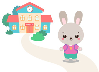 Back to school kawaii rabbit vector illustration. Cute bunny woodland animal student on a path to school building. Smiling animal hare cartoon character. Elementary school fun clipart flat design.