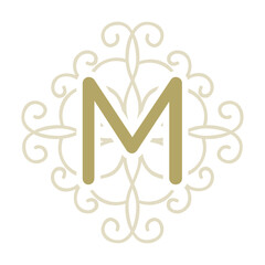 m letter inside swirl ornamental element, monogram