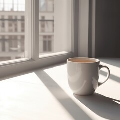 A mockup of a white coffee cup next to a window, created with Generative AI