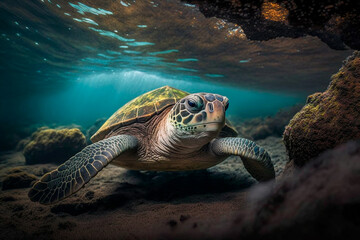Fototapeta premium In the enchanting Galapagos Islands, a majestic sea turtle gracefully navigates the turquoise waters, a symbol of resilience and natural beauty. Generative AI
