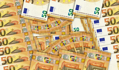 Euro 50 banknotes in a fan mosaic pattern 3d illustration