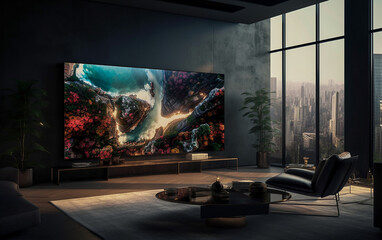Transform your living room into a home theater with an AI-designed 150-inch large-screen TV in a spacious and relaxing atmosphere. Generative AI