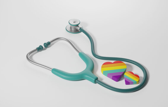 Close-up view, stethoscope with rainbow heart shape LGBTQ+ medical care