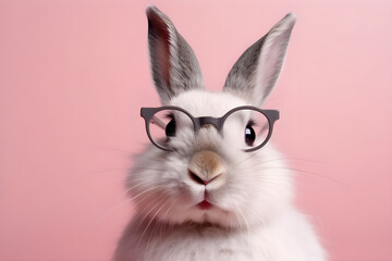 Happy cool rabbit funny with glasses on pink background