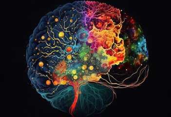 Human brain consisting of protons and neurons, nerve impulses. AI Generated