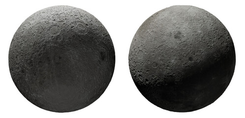 Moon sphere isolated on transparent background. Png image. 3d illustration of full Moon. Craters on surface. High resolution