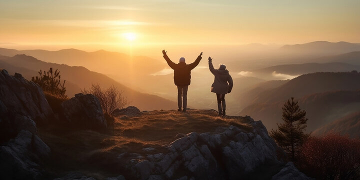 A happy elderly couple stand on top of a mountain and raise their hands up in the backlight of the setting sun. Generative AI