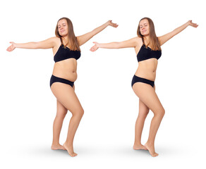 Young woman before and after weight loss. Health care concept.