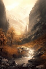 Beautiful vertical landscape with tall mountains, waterfall and a river. Generative AI