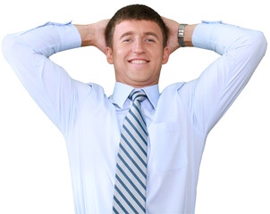 Happy Businessman with Hands Behind Head - Isolated