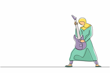 Single continuous line drawing Arabian female musician playing electric guitar. Woman practicing in playing guitar. Guitarist perform playing music instrument on stage. One line graphic design vector