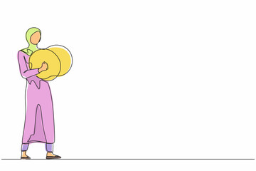 Continuous one line drawing Arab female musician playing cymbals. Woman performer playing classical music with percussion musical instrument. Person performs on stage. Single line draw design vector