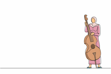 Continuous one line drawing double bass Arab player standing with big string instrument. Woman musician playing classical music with fingers. Professional contrabassist. Single line draw design vector