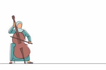 Single continuous line drawing Arab female performer playing on contrabass. Cellist woman playing cello, musician playing classical music instrument. One line draw graphic design vector illustration