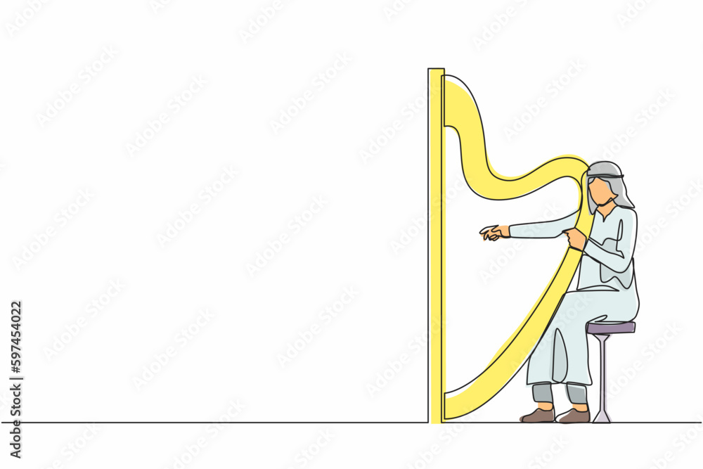 Wall mural Single one line drawing Arab man musician playing harp. Classical music performer character with musical instrument. Male sitting and playing harp. Continuous line design graphic vector illustration - Wall murals