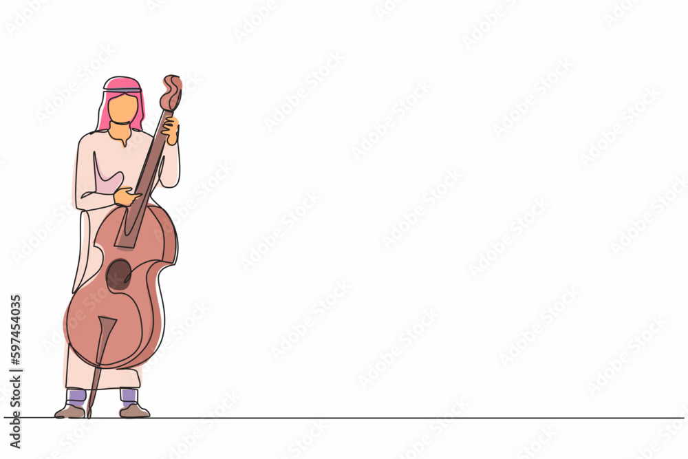 Poster continuous one line drawing double bass player standing with big string instrument. arab man musicia