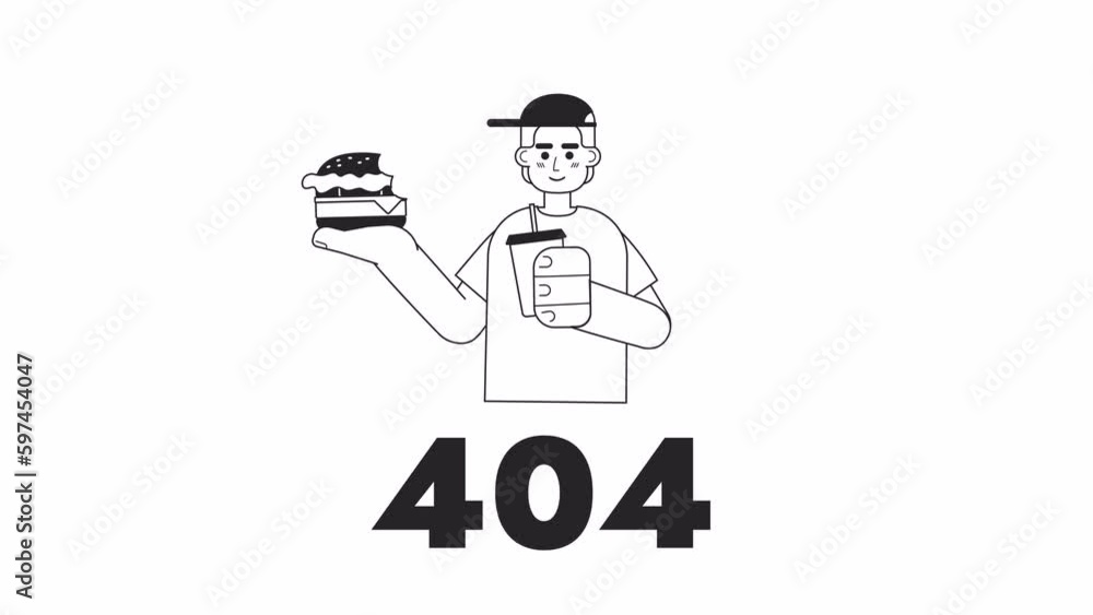 Poster eating fast food bw 404 animation. teen in fastfood cafe. empty state 4k video concept footage with 