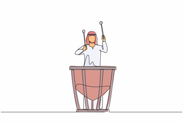 Continuous one line drawing Arab male percussion player play on timpani. Man performer holding stick and playing musical instrument. Musical instrument timpani. Single line draw design vector graphic