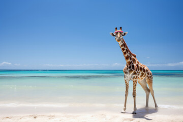 A giraffe relaxing on a beach on a summer vacation. Generative ai - obrazy, fototapety, plakaty