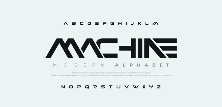 MACHINE, futuristic style alphabet. Thin segment line font, minimalist type for modern futuristic logo, elegant monogram, digital device graphic. Minimal style letters, vector typography design.