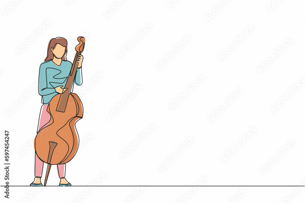 Poster continuous one line drawing double bass player standing with big string instrument. woman musician p