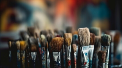 Close up paintbrushes on blurred indoor artist studio background. AI generated.