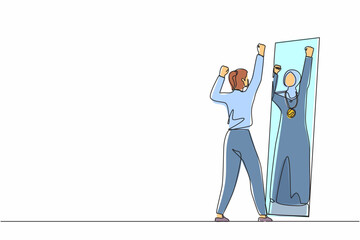 Single one line drawing narcissistic Arabian businesswoman looking at mirror, seeing in reflection of herself with gold medal, self confidence. Continuous line draw design graphic vector illustration