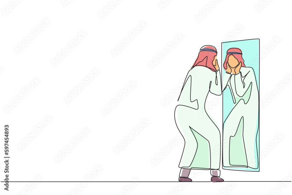 Poster single continuous line drawing arab businessman holding his face on reflection mirror. man applying 