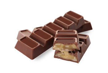 Delicious sweet chocolate bars on white background