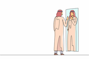 Single continuous line drawing Arabian businessman loves to look at his reflection in mirror with thumbs up pose. Man in mirror reflection, attractive, confidence. One line draw graphic design vector
