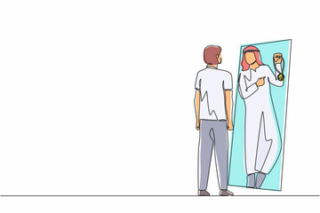 Continuous one line drawing Arab businessman looking at mirror and seeing in reflection of himself with holding gold medal, person overestimate himself, self confidence. Single line draw design vector