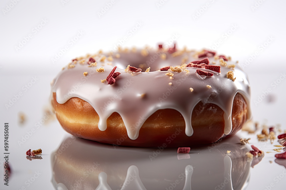 Poster a doughnut with icing and crumbs on a white surface. ai generative.