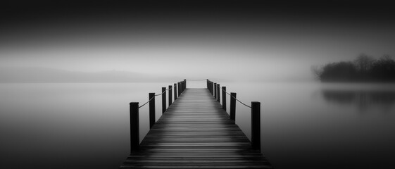 Black and white fine art long exposure photograph of a pier on a lake for decoration, generative ai