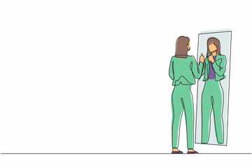 Single continuous line drawing businesswoman loves to look at her reflection in mirror with thumbs up pose. Woman in mirror reflection, egoistic, attractive confidence. One line graphic design vector