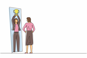 Single continuous line drawing businesswoman looking herself happy and successful in mirror reflection with lifting up trophy cup. Success in business and winner. One line draw graphic design vector