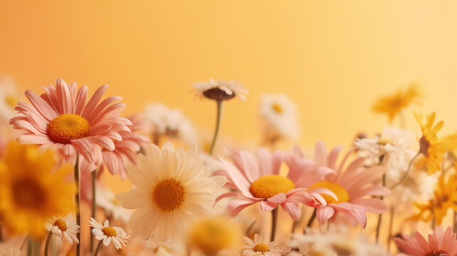 Minimalist summer background with warm tones and flowers, generative ai