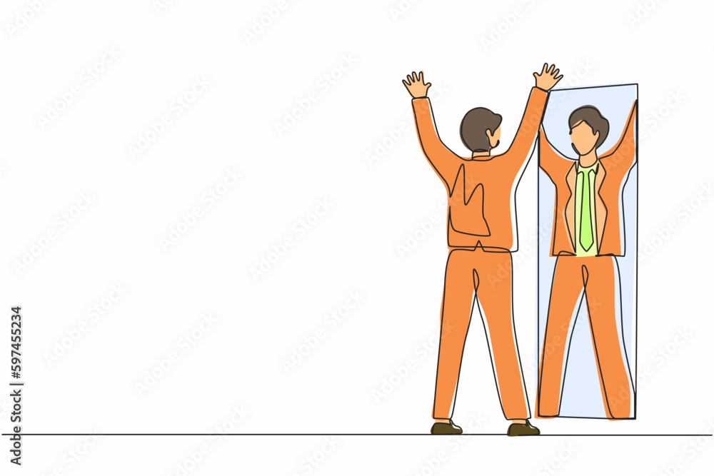 Poster single continuous line drawing happy businessman look in mirror with raised hands. reflection in mir
