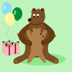 Bears with gift box and balloon. Bear mother with sun. Vector illustration. World Hug's Day.