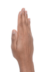 Man giving high five on white background, closeup of hand