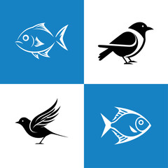 Animal icon-illustration set. Vector graphics silhouette fishes and birds