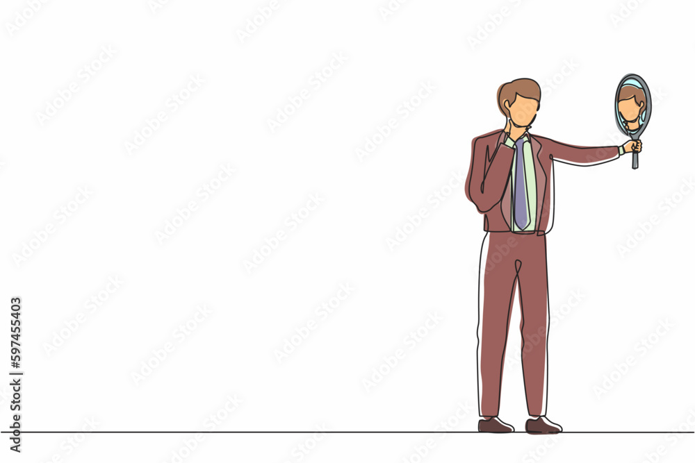 Poster continuous one line drawing businessman holding hand mirror. male manager with hand mirror. man look