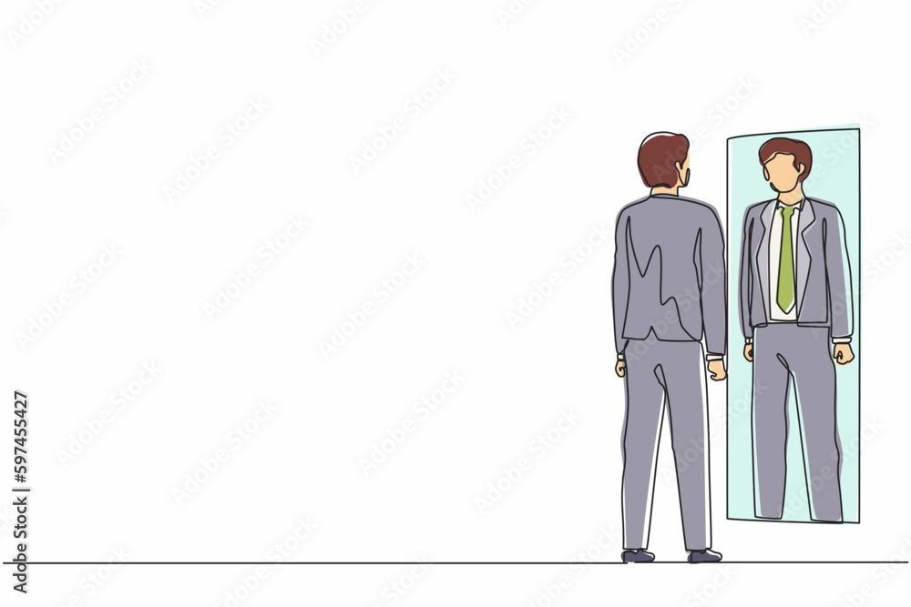 Aufkleber single one line drawing businessman looks himself in the mirror. clerk or manager looking at his ref