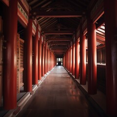 red corridor in japanese temple.