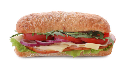 Delicious sandwich with fresh vegetables and cheese isolated on white