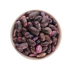 Bowl with dry kidney beans isolated on white, top view