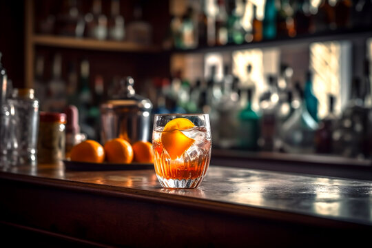 Freshly made Spritz cocktail on bar counter with blurred bar background. AI generated